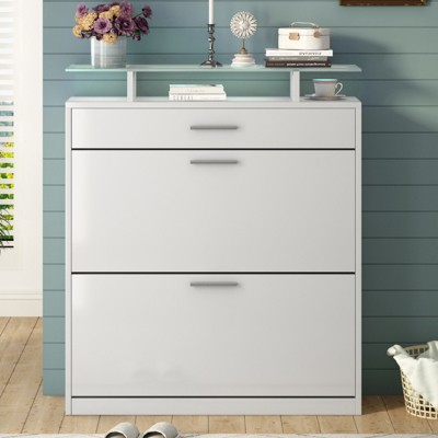 ALEXOUN Modern Free Standing Narrow Shoe Cabinet with 2 Flip Drawers and Drawer & Tempered Glass for Entryway & Hallway,Small Spaces