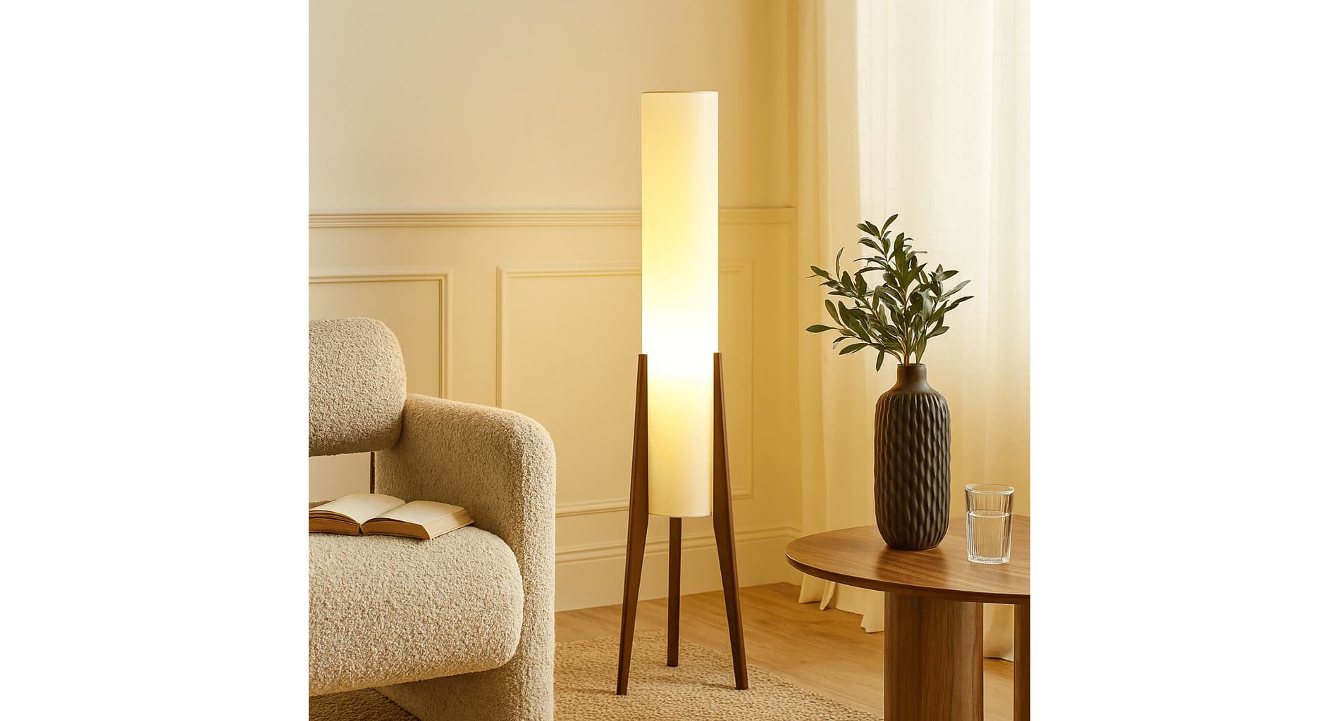 Angel Sar Modern Cylinder Floor Lamp, Wooden Tripod Floor Lamp with Adjustable Color Temperature, Fabric Shade for Living Room, Bedroom, Office