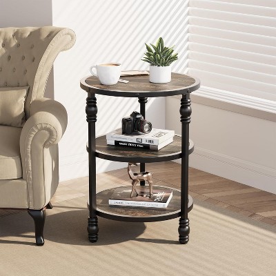 Homhougo End Table 3-Tier Round Side Table Living Room Accent Table with Storage Shelf and Metal Industrial Wood Bed Side Table/Night Stand, Oak