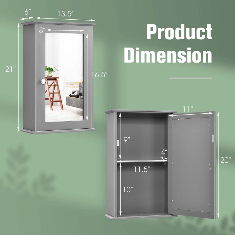 Costway Bathroom Wall Cabinet Single Mirror Door Cupboard Storage Medicine Cabinet Wood Shelf Grey\Brown, 3 of 11