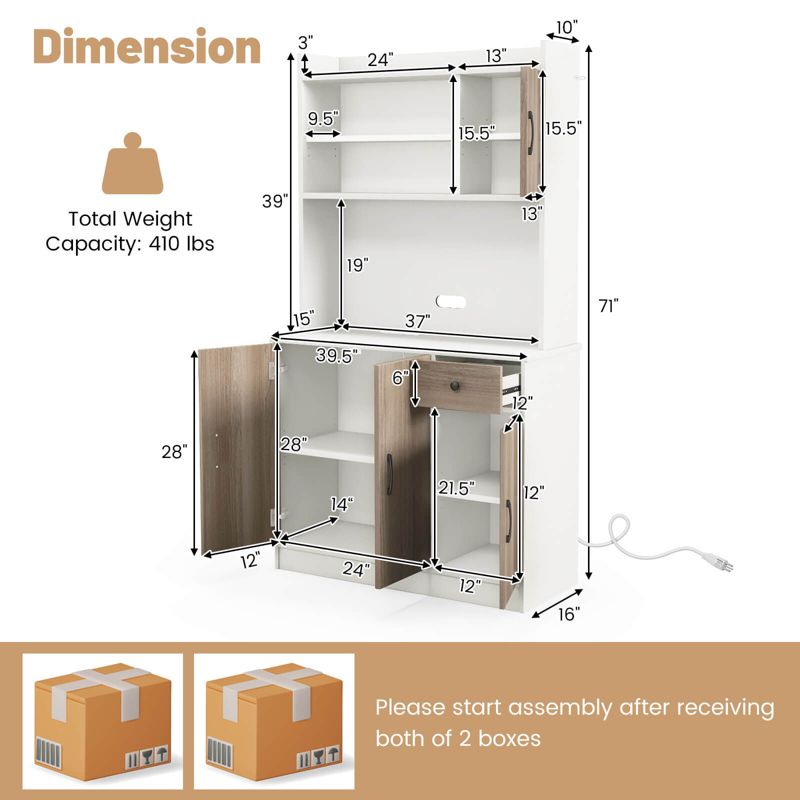 Costway 4-Door 71'' Kitchen Buffet Pantry Storage Cabinet w/Hutch Adjustable Shelf White, 3 of 11