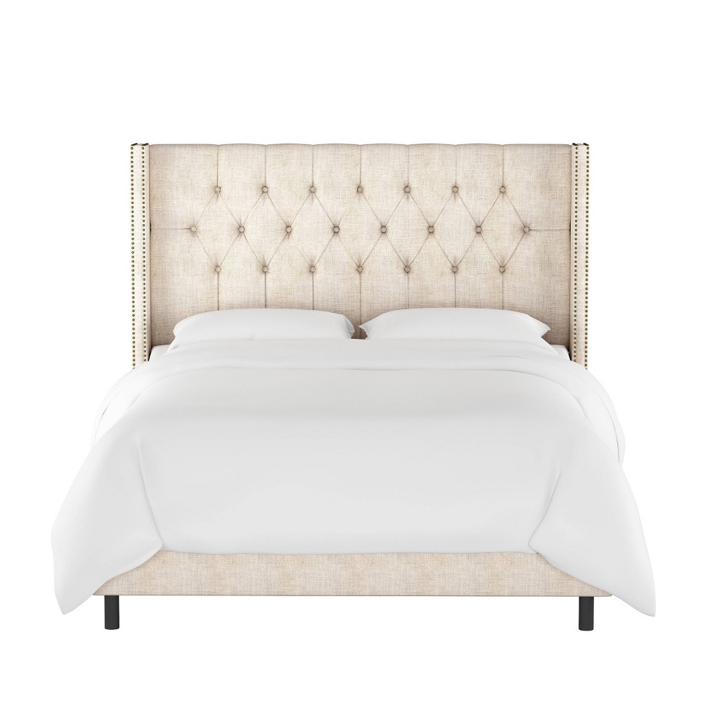 Skyline Furniture King Louis Diamond Tufted Wingback Linen Bed Talc: Upholstered Frame, Nail Button Detail -  54350735