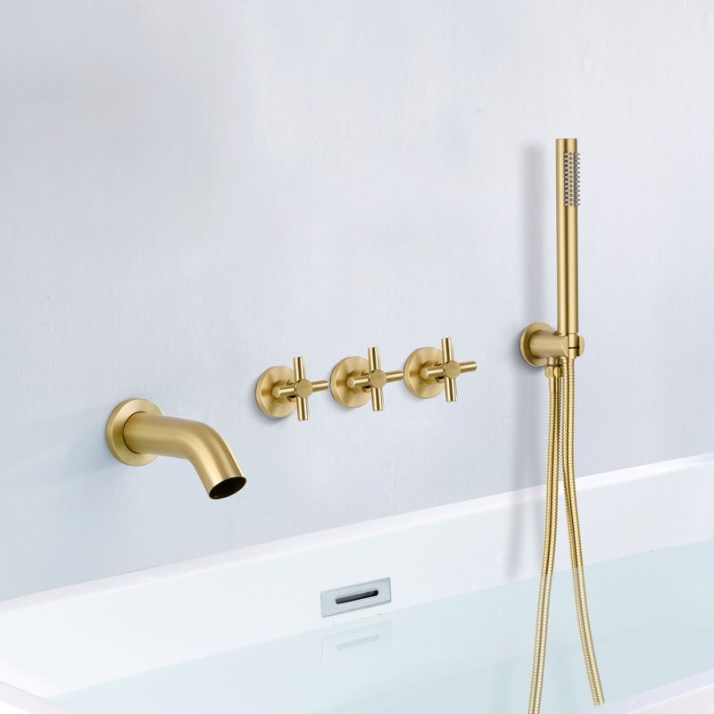 SUMERAIN Waterfall Wall Mount Tub Faucet with Hand Shower Sprayer, 3 Cross Handle, Brushed Gold, 3 of 10
