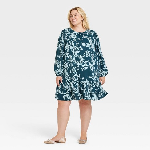 Women's Long Sleeve Tiered Shift Dress - Ava & Viv™ Blue Floral 4X