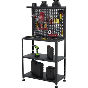 32" Heavy-Duty Steel Workbench with Hooks & 2-Tier Shelves - 650 Lbs Capacity Metal Tool Organizer, Garage Workshop Workstation for Tools, Gardening - 1 of 4