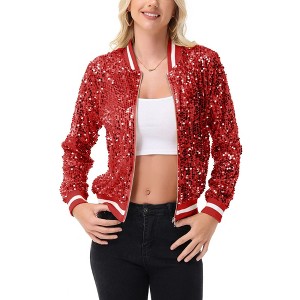 Anna-Kaci Women's Sequin Bomber Jacket with Ribbed Trim and Front Zipper Closure - 1 of 4