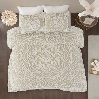 Vynxaria Tufted Cotton Chenille Medallion Comforter Set - Grey King/Cal King, Shabby Chic Style