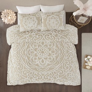 Vynxaria Tufted Cotton Chenille Medallion Comforter Set - Grey King/Cal King, Shabby Chic Style - 1 of 4