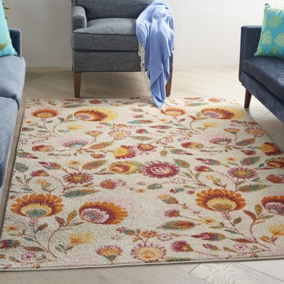 Vibrant Ivory Multicolor Floral 4' x 6' Synthetic Area Rug