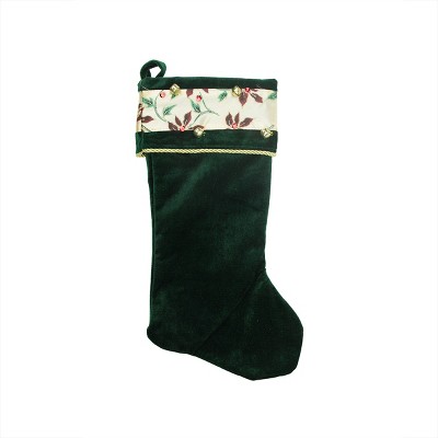 Northlight 19" Poinsettia Ribbon Cuffed Green Velveteen Christmas Stocking w/ Jingle Bell Accents