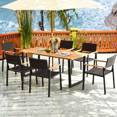 Acacia Wood and Black Metal 6-Person Outdoor Dining Set with Rattan Chairs