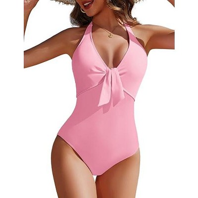 AI'MAGE Women's One Piece Swimsuits V Neck Tummy Control Bathing Suits Knot Front Push Up Swimwear Back Self Tie