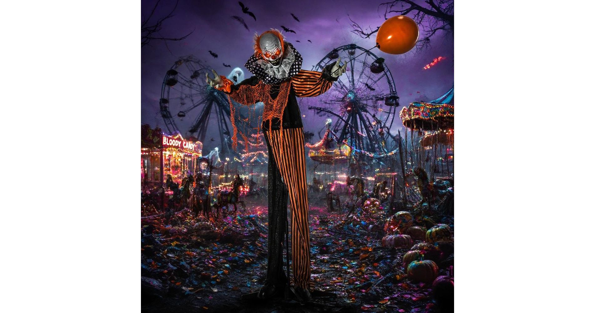 Outdoor Halloween Decorations Talking Circus Clown with A Balloon, Animated Prop with Sound and Motion Activated, Light Up Eyes, Laughter