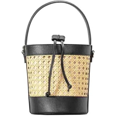 FATMOON Women Straw Rattan Bucket Bag, Hollowed Out Seaside Drawstring Handbag Purse, Leather Summer Beach Boho Shoulder Bag