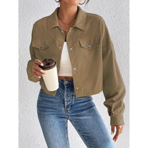 Women Casual Lapel Corduroy Jacket Single-Breasted Short Coat - 1 of 4