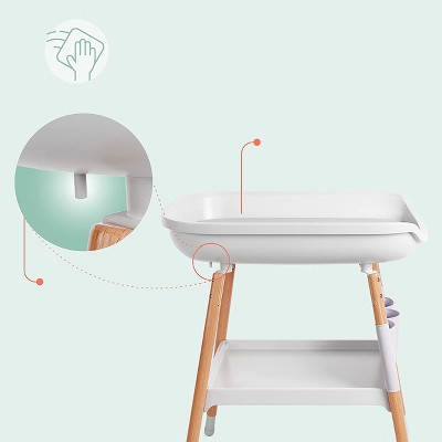 White and Beech Wood Diaper Changing Table with Storage