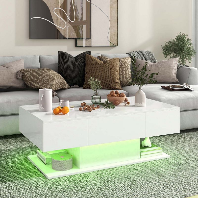 Costway LED Coffee Table with 2 Drawers 20-Color Dimmable LED Lights & Remote Control White/Black, 2 of 11