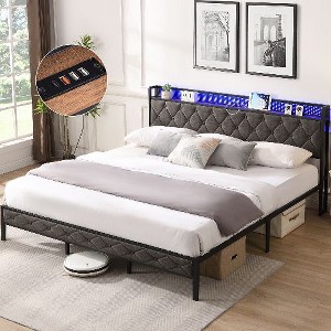 CAVINAS King Size Bed Frame with Storage Headboard, Charging Station and LED Lights, Upholstered Platform Bed -Noise Free, Dark Gray - 1 of 4