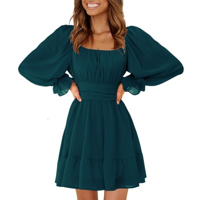 EXLURA Women's 2025 Casual Long Lantern Sleeve Dresses Square Neck Ruffle Tie Back Elastic Waist Aline Short Mini Dress