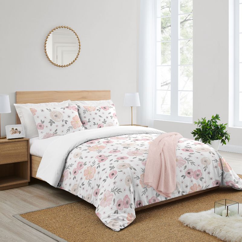 Sweet Jojo Designs Queen Duvet Cover and Shams Set Watercolor Floral Pink and Grey 3pc, 3 of 8