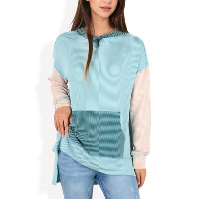 Anna-Kaci Women's Color Block Long Sleeve Hooded Pullover with Kangaroo Pocket
