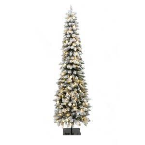 LuxenHome 7Ft Pre-Lit Flocked Pencil Artificial Christmas Tree with Metal Base Green - 1 of 4