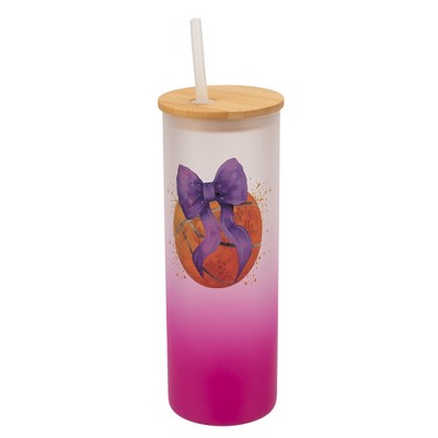 Elanze Designs 25 Ounce Frosted Glass Gradient Travel Tumbler With Straw and Wooden Lid, Basketball With Purple Bow Pink