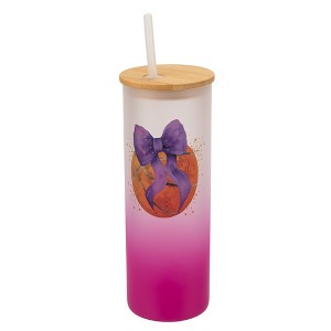 Elanze Designs 25 Ounce Frosted Glass Gradient Travel Tumbler With Straw and Wooden Lid, Basketball With Purple Bow Pink - 1 of 1