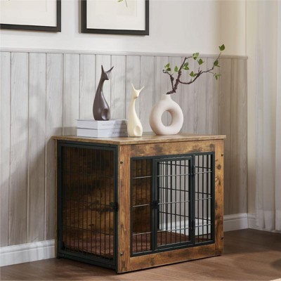 Aukfa 27" Wooden Dog Crate Furniture with Cushion – Heavy Duty Dual-Door Kennel for Small/Medium Dogs, Convertible Side Table & Nightstand