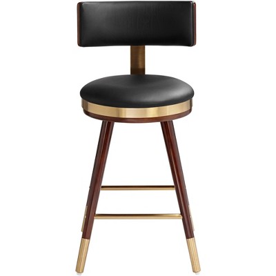 Walnut and Black Leather Counter Stool with Gold Metal Footrest