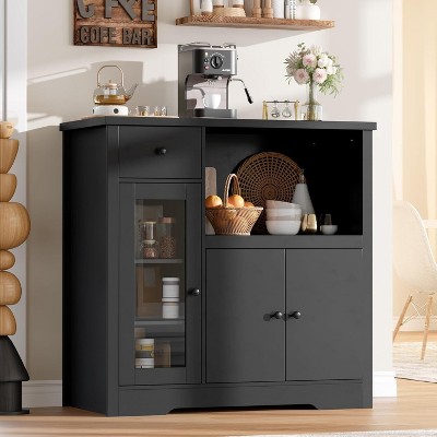 Homhougo Storage Cabinet with Adjustable Shelves & Microwave Stand, Buffet Sideboard with Drawer Black