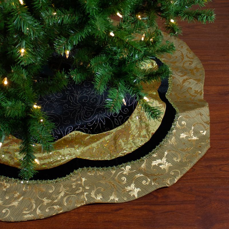 Northlight 48" Black and Gold Velveteen Floral Scallop Christmas Tree Skirt, 2 of 4