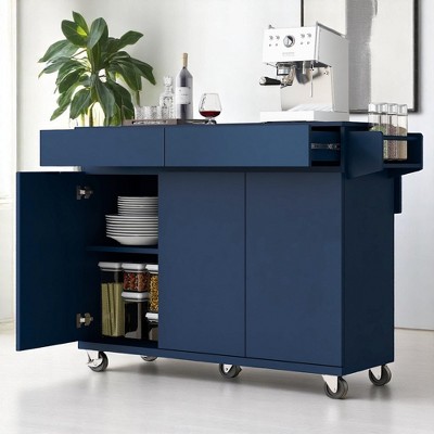 53.2" Rolling Kitchen Island with Drop Leaf, 2 Drawers, 3 Cabinets, Spice & Towel Rack, Adjustable Shelves, Mobile Storage Cart, Kitchen Cabinets