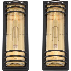 John Timberland Habitat 21" High Modern Outdoor Wall Light Fixture Mount Porch House Set of 2 2-Light Black and Brass Finish Clear Glass Shade - 1 of 4
