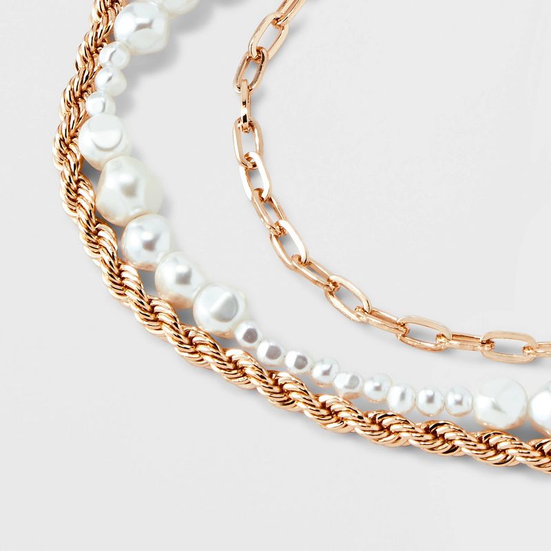 Chain and Pearl Multi-Strand Necklace Set 3pc - A New Day&#8482; Gold/White, 5 of 6