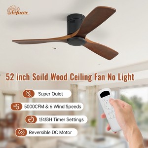 Sofucor 52'' Ceiling Fan Without Lights Modern Flush Mount Ceiling Fan No Light with Remote Control 3 Wood Blades for Bedroom/Farmhouse/Patio/Indoor - 1 of 4