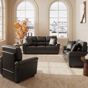 6 seater Living Room Sofa Loveseat Chair Set Faux Leather Couch with Pillows Chocolate Black-Morden Fort - 1 of 4