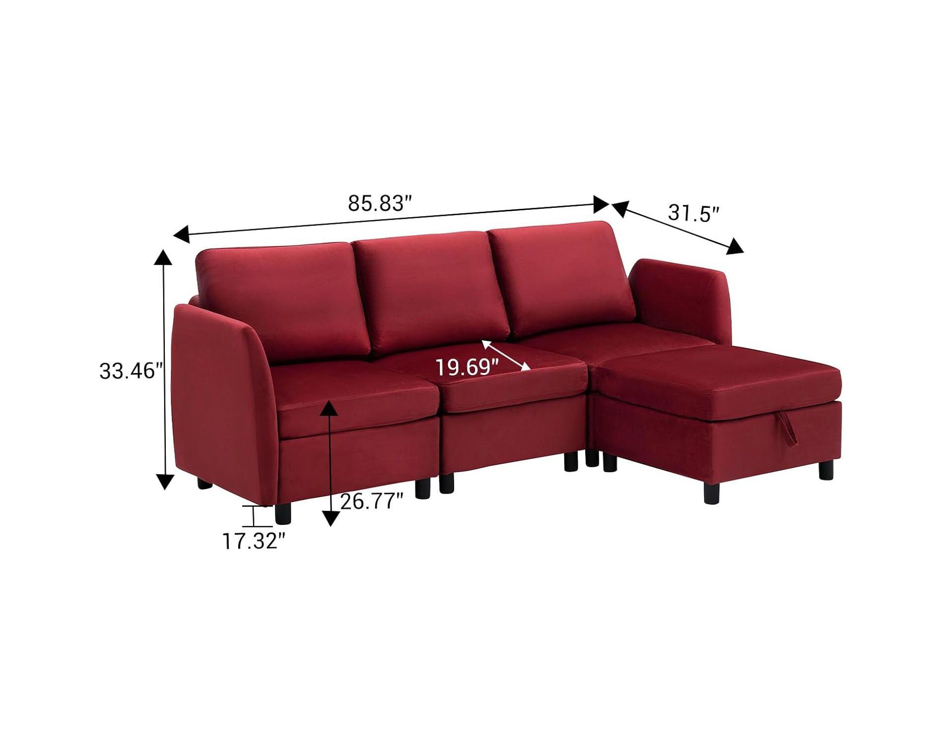 Sectional Couches for Living Room, Modular Sofa Set with Storage and Ottoman, Mid Century Modern Upholstered Sectional Sofa with Armrests, Red
