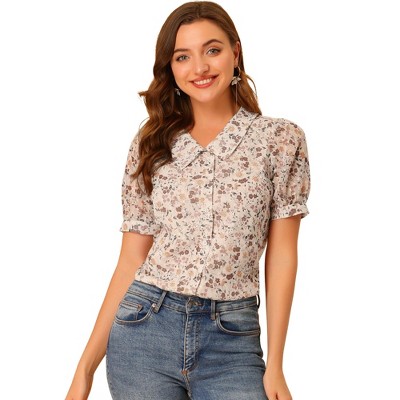 Allegra K Women's Floral Button Down Collar Semi Sheer Sweet Puff Sleeve Blouse Shirt