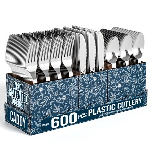 Exquisite Silver Plastic Silverware 600-Piece Heavy-Duty Set with Utensil Caddy | 200 Forks, 200 Spoons, 200 Knives | Disposable Party Flatware - 1 of 4