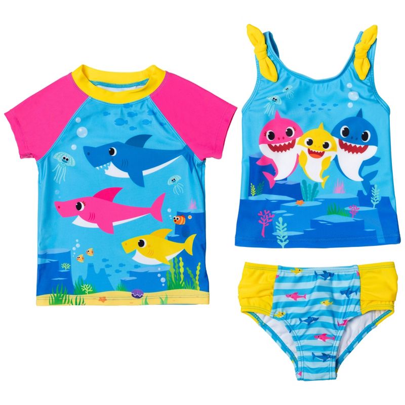 Pinkfong Baby Shark Girls Rash Guard Tankini Top and Bikini Bottom 3 Piece Swimsuit Set Toddler, 1 of 8