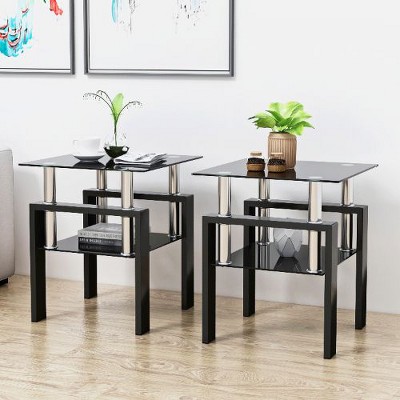 NicBex Modern 2-Tier Glass End Table for Living Room, Transparent & Frosted Side Table with Metal Legs, Square Small Coffee Table with Tempered Glass