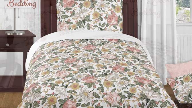 3pc Vintage Floral Full/Queen Kids&#39; Comforter Bedding Set Pink and Green - Sweet Jojo Designs, 2 of 8, play video