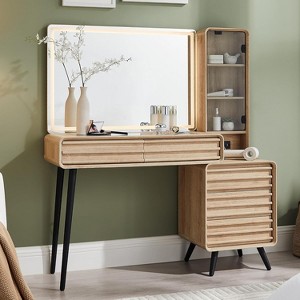 SinCiDo Vanity Tables with Large 35" HD Lighted Mirror, Fluted Makeup Vanity Desk with Glass Tabletop & Charging Station - 1 of 4