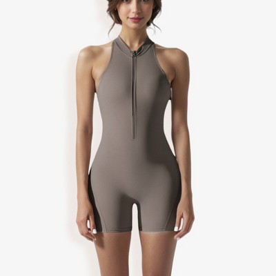 Anna-Kaci Women's Sleeveless High Neck Zip Front Bodysuit with Athletic Fit and Stretch Fabric