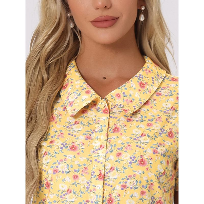 Allegra K Women's Puff Short Sleeves Point Collar Button Down Floral Shirts, 5 of 6