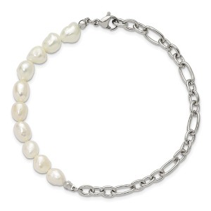 Chisel Stainless Steel Polished with Half White Freshwater Cultured Pearl 8.25" Bracelet - 1 of 4