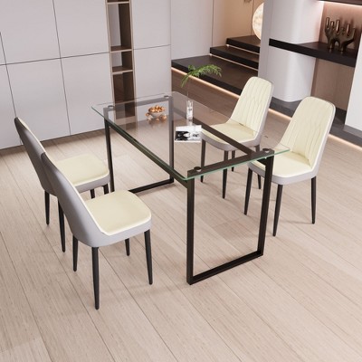 NicBex Dining Table for 4 Modern Kitchen Table Chairs Set with Glass Tabletop and 4 Thick Cushion PU Chairs for Kitchen