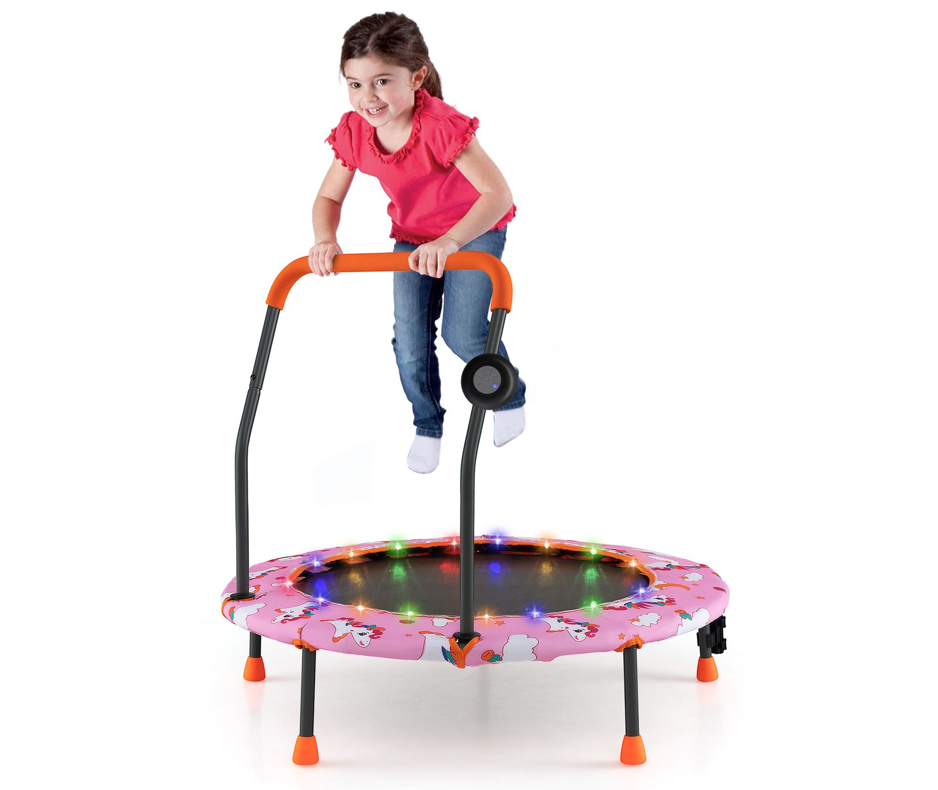 Costway 36'' Mini Toddler Trampoline W/LED Bluetooth Speaker Detachable Handle Kids Gifts Pink