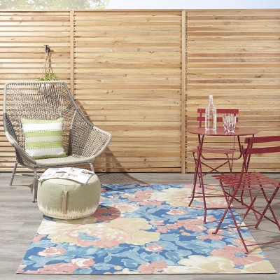 Blue Floral Rectangular Synthetic Indoor/Outdoor Rug